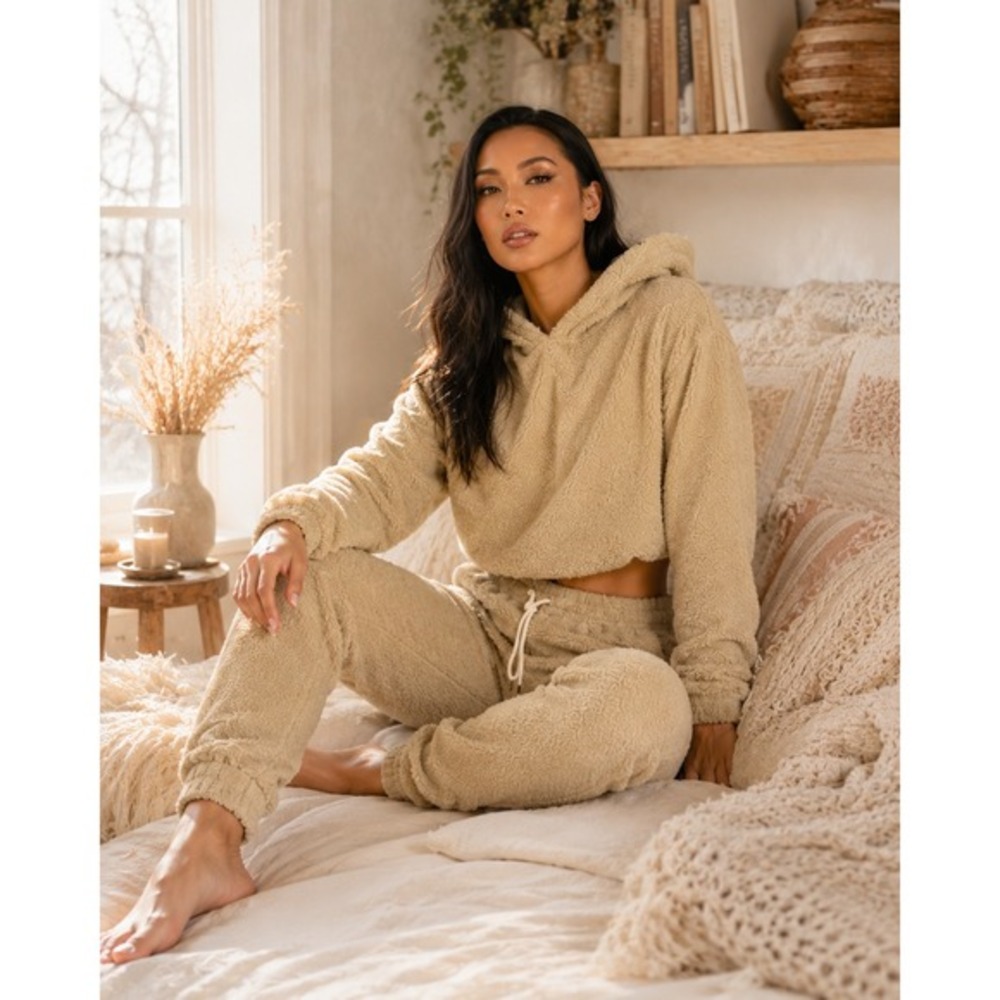 NWT Parisian Crop Sherpa Hoodie Jogger Set Womens 6 Tan Loungewear Cozy Neutral